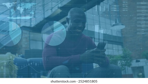 Image of financial data processing over african american businessman using smartphone. Global finance, business, connections, computing and data processing concept digitally generated image.