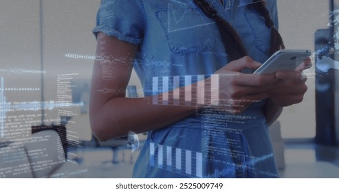 Image of financial data processing over caucasian woman using smartphone. Global finance, business, connections, computing and data processing concept digitally generated image.