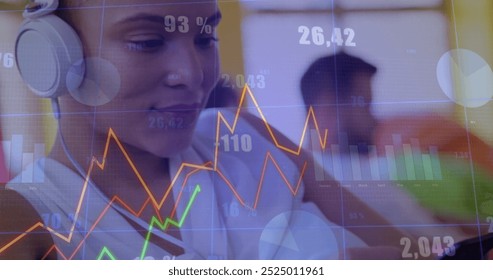 Image of financial data processing over caucasian woman using smartphone. Global finance, business, connections, computing and data processing concept digitally generated image.