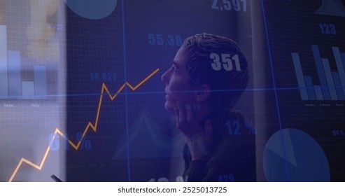 Image of financial data processing over caucasian woman using smartphone. Global finance, business, connections, computing and data processing concept digitally generated image.