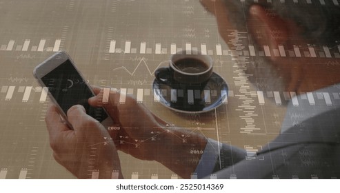 Image of financial data processing over caucasian businessman using smartphone. Global finance, business, connections, computing and data processing concept digitally generated image.