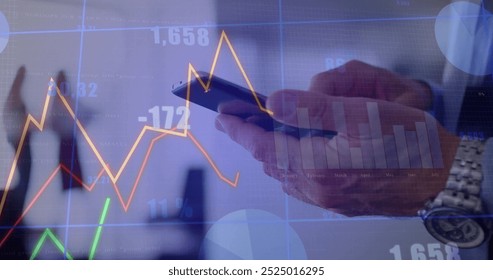 Image of financial data processing over caucasian man using smartphone. Global finance, business, connections, computing and data processing concept digitally generated image.