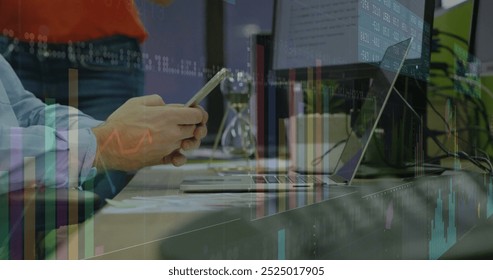 Image of financial data processing over caucasian man using smartphone. Global finance, business, connections, computing and data processing concept digitally generated image.