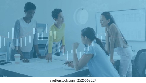 Image of financial data processing over diverse colleagues discussing work in office. Global business, finances, computing and digital interface concept digitally generated image.
