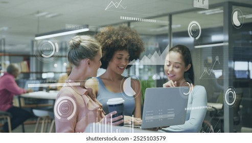 Image of financial data processing over diverse colleagues discussing work in office. Global business, finances, computing and digital interface concept digitally generated image.