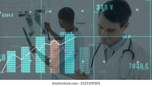 Image of financial data processing over diverse doctors. Global medicine, connections, computing and data processing concept digitally generated image.