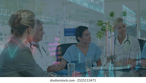 Image of financial data processing over diverse doctors. Global medicine, connections, computing and data processing concept digitally generated image.