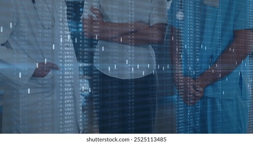 Image of financial data processing over diverse doctors. Global medicine, connections, computing and data processing concept digitally generated image.