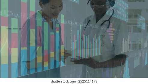 Image of financial data processing over diverse doctors. Global medicine, connections, computing and data processing concept digitally generated image.
