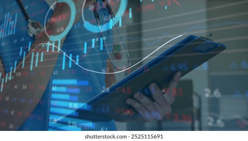 Image of financial data processing over caucasian male doctor with clipboard. global medicine, connections, computing and data processing concept digitally generated image. - Powered by Shutterstock