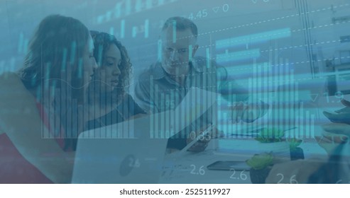 Image of financial data processing over diverse business people in office. Global finance, business, connections, computing and data processing concept digitally generated image.