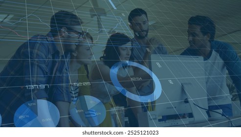 Image of financial data processing over diverse business people in office. Global finance, business, connections, computing and data processing concept digitally generated image.