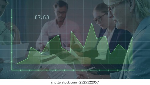 Image of financial data processing over diverse business people in office. Global finance, business, connections, computing and data processing concept digitally generated image.