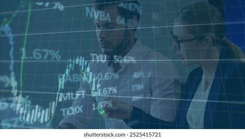 Image of financial data processing over diverse colleagues discussing work in office. Global business, finances, computing, communication and digital interface concept digitally generated image.