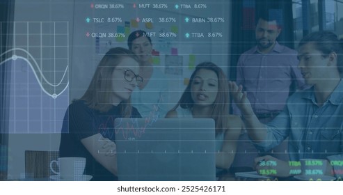 Image of financial data processing over diverse colleagues discussing work in office. Global business, finances, computing and digital interface concept digitally generated image.