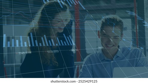 Image of financial data processing over diverse colleagues discussing work in office. Global business, finances, computing, communication and digital interface concept digitally generated image.