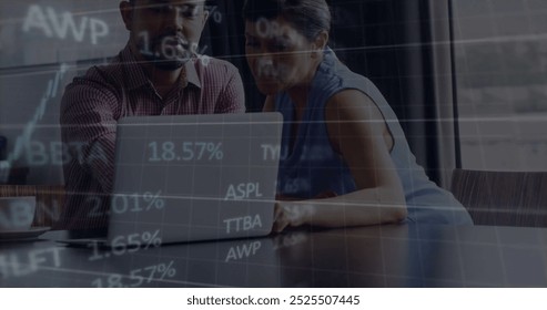 Image of financial data processing over diverse business people in office. Global finance, business, connections, computing and data processing concept digitally generated image.
