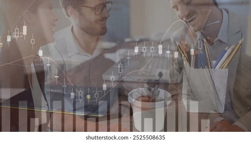 Image of financial data processing over diverse business people in office. Global finance, business, connections, computing and data processing concept digitally generated image.