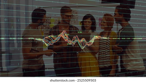Image of financial data processing over diverse business people in office. Global finance, business, connections, computing and data processing concept digitally generated image.
