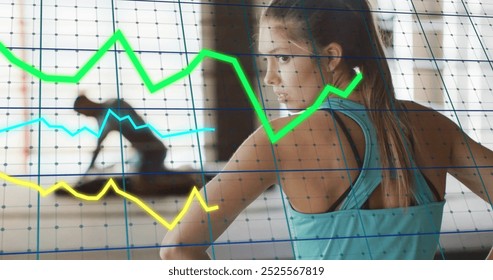 Image of financial data processing over caucasian woman on gym. Global computing, finances, sports, communication and digital interface concept digitally generated image.