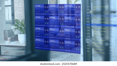 Image of financial data processing over afrcian american businessman in office. Global finance, business, connections, computing and data processing concept digitally generated image.