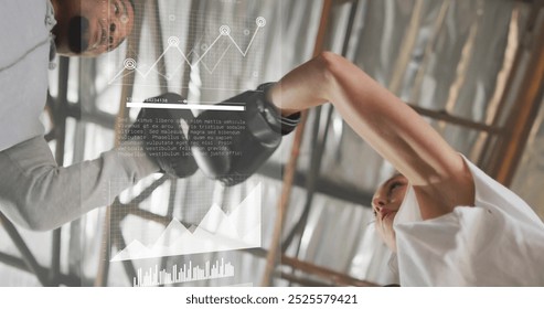 Image of financial data processing over diverse female boxer and male trainer. Global computing, finances, sports, communication and digital interface concept digitally generated image. - Powered by Shutterstock