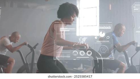 Image of financial data processing over diverse people using elliptical bikes on gym. Global computing, finances, sports, communication and digital interface concept digitally generated image. - Powered by Shutterstock