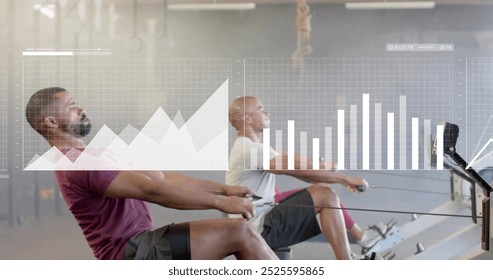 Image of financial data processing over diverse people using indoor rower on gym. Global computing, finances, sports, communication and digital interface concept digitally generated image. - Powered by Shutterstock