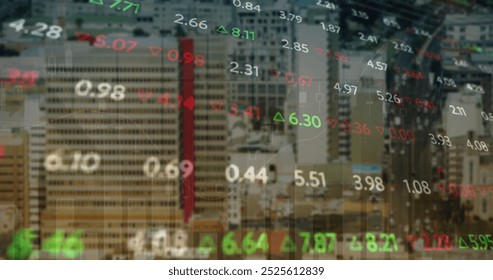 Image of financial data processing over cityscape. Global business, connections, computing and data processing concept digitally generated image.