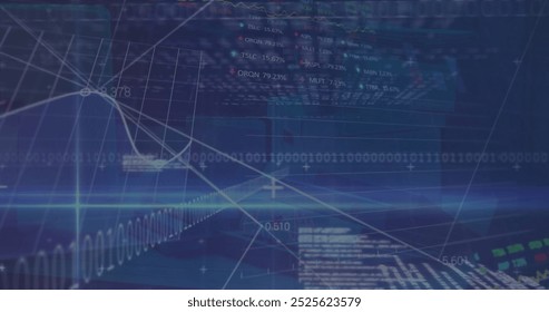 Image of financial data processing over binary coding. Global finance, business, connections, computing and data processing concept digitally generated image.