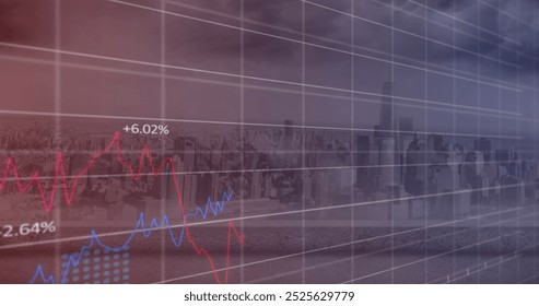 Image of financial data processing over cityscape. Global business, finances, computing and data processing concept digitally generated image.