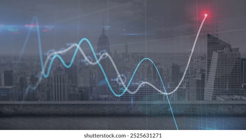 Image of financial data processing over cityscape. Global business, finances, computing and data processing concept digitally generated image.