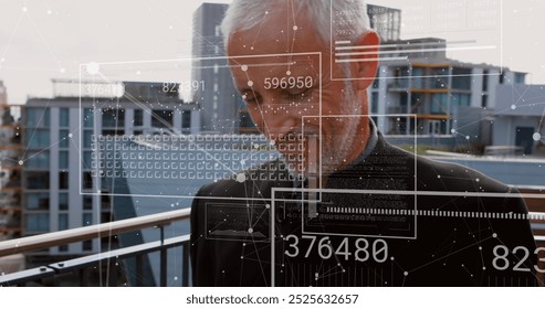 Image of financial data processing over caucasian man using smartphone. Global connections, business, finances, computing and data processing concept digitally generated image.