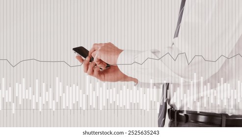 Image of financial data processing over caucasian man using smartphone. Global connections, business, finances, computing and data processing concept digitally generated image.