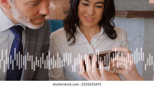 Image of financial data processing over caucasian woman using smartphone. Global connections, business, finances, computing and data processing concept digitally generated image.