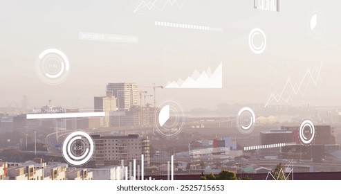Image of financial data processing over cityscape. Global business, finances, computing and data processing concept digitally generated image.