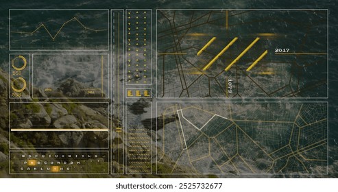 Image of financial data processing over sea. Global business, finances, computing and data processing concept digitally generated image.