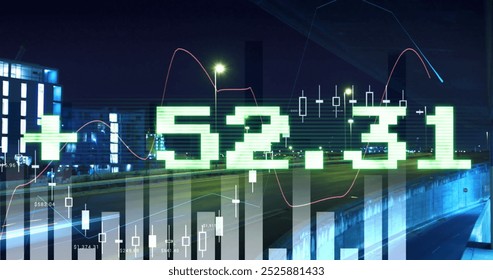 Image of financial data processing over cityscape. Global business, finances, computing and data processing concept digitally generated image.