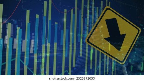 Image of financial data processing over sign. Global business, finances, computing and data processing concept digitally generated image.