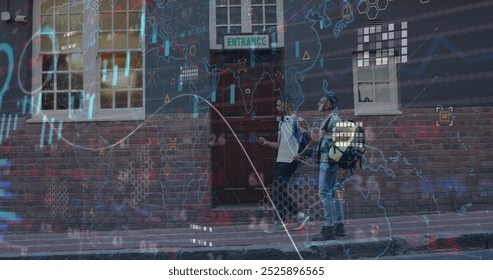 Image of financial data processing over people walking in city street. Global business, finances, computing and data processing concept digitally generated image.