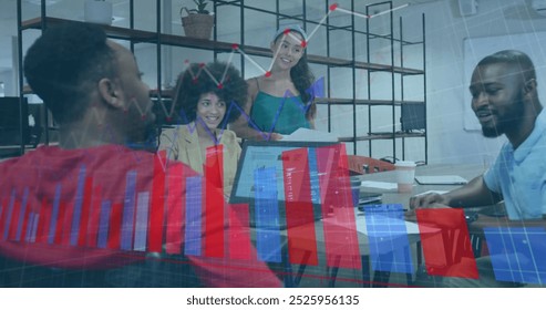 Image of financial data processing over diverse business people in office. Global business, finances, computing and data processing concept digitally generated image.