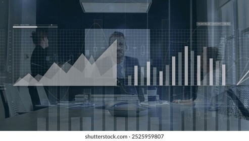 Image of financial data processing over diverse business people in office. Global business, networks, connections, computing and data processing concept digitally generated image.