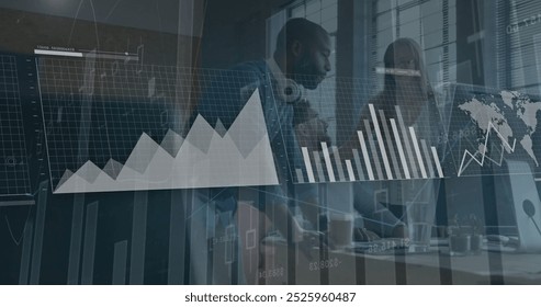 Image of financial data processing over diverse business people in office. Global business, networks, connections, computing and data processing concept digitally generated image.