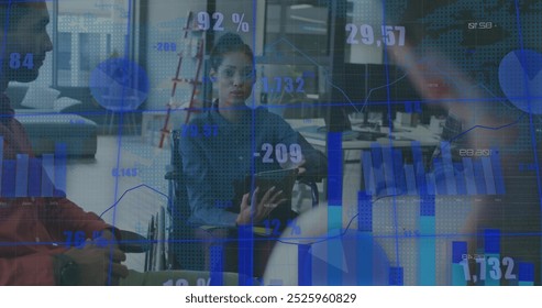 Image of financial data processing over diverse business people in office. Global business, networks, connections, computing and data processing concept digitally generated image.