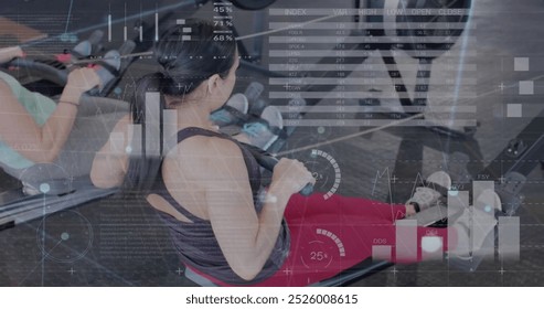 Image of financial data processing over diverse people exercising in gym. Global sports, business, connections, computing and data processing concept digitally generated image. - Powered by Shutterstock