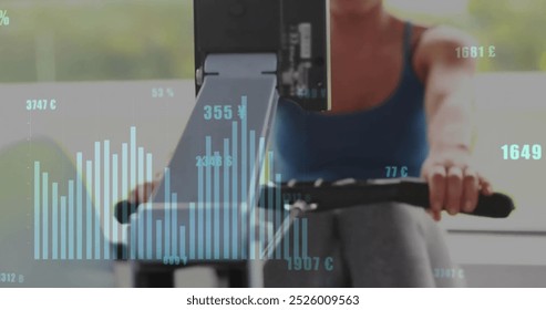 Image of financial data processing over caucasian woman exercising in gym. Global sports, business, connections, computing and data processing concept digitally generated image. - Powered by Shutterstock