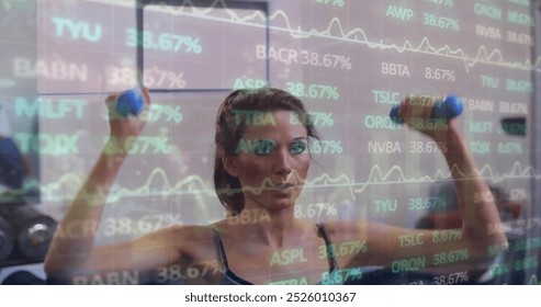 Image of financial data processing over caucasian woman exercising in gym. Global sports, business, connections, computing and data processing concept digitally generated image.