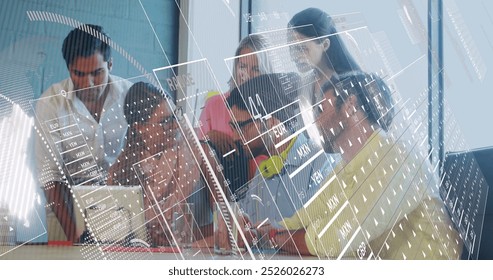 Image of financial data processing over diverse business people working in office. Global business, finances, computing and data processing concept digitally generated image.