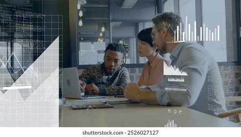 Image of financial data processing over diverse business people working in office. Global business, finances, computing and data processing concept digitally generated image.
