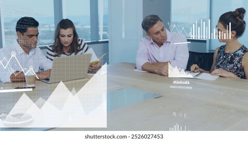 Image of financial data processing over diverse business people working in office. Global business, finances, computing and data processing concept digitally generated image.